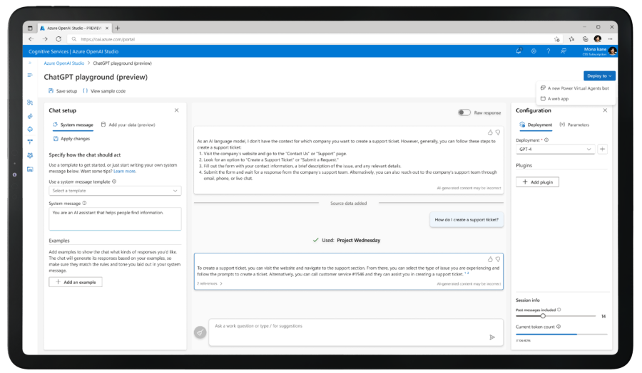 A tablet device showing Azure AI studio.