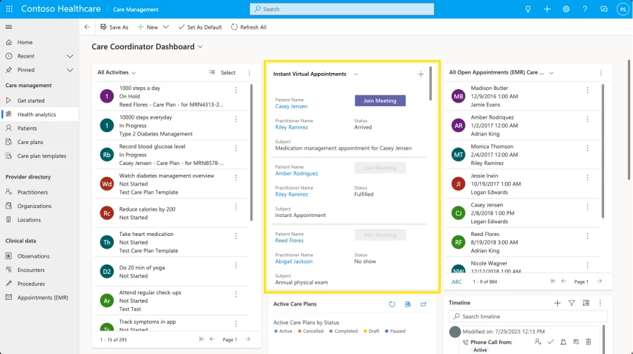 View the activities, care plans, and appointments in the care coordinator dashboard.