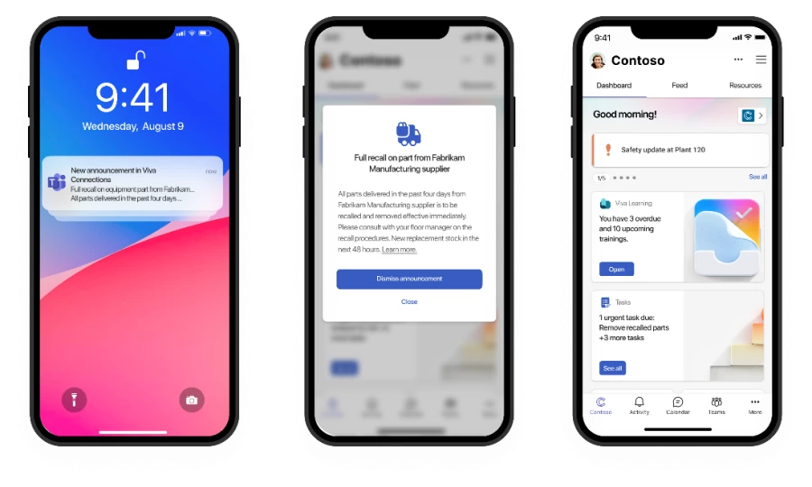 Three mobile devices showing announcements in Viva Connections.
