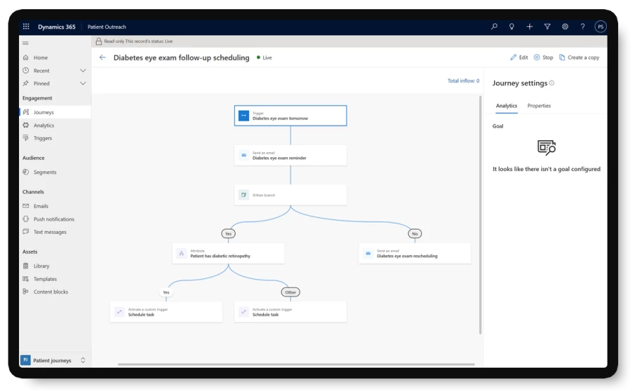a screenshot of a Dynamics 365 patient engagement journey flow.