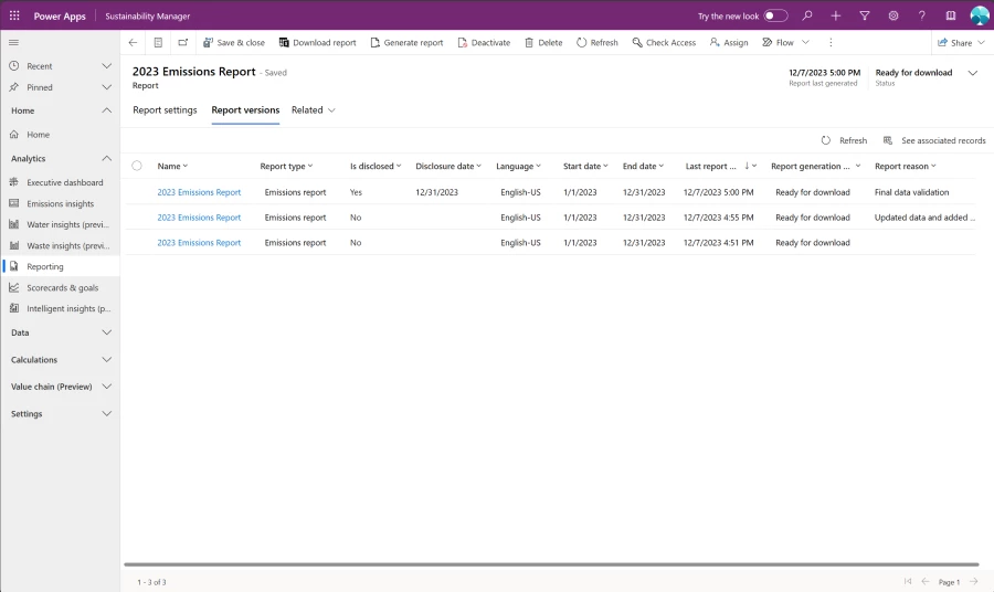 Screen showing an example emissions report for an organization