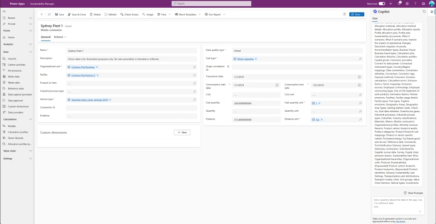 Screenshot showing how the activity to emissions traceability feature within Microsoft Sustainability Manager can help you gain insights and generate more accurate sustainability reports.