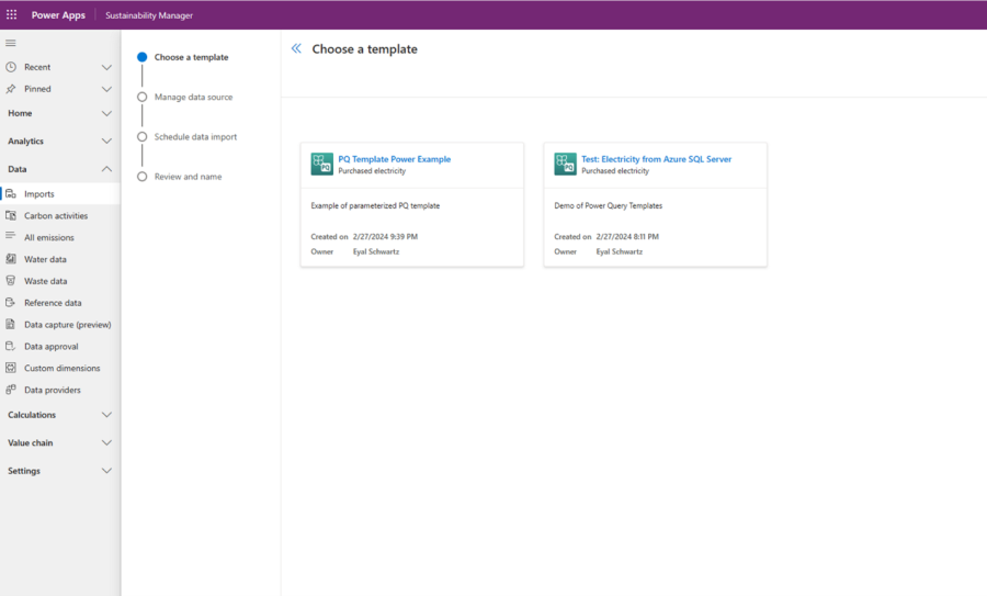 Screenshot showing where in Microsoft Sustainability Manager to go to choose the template you want to use for your Power Query data import.