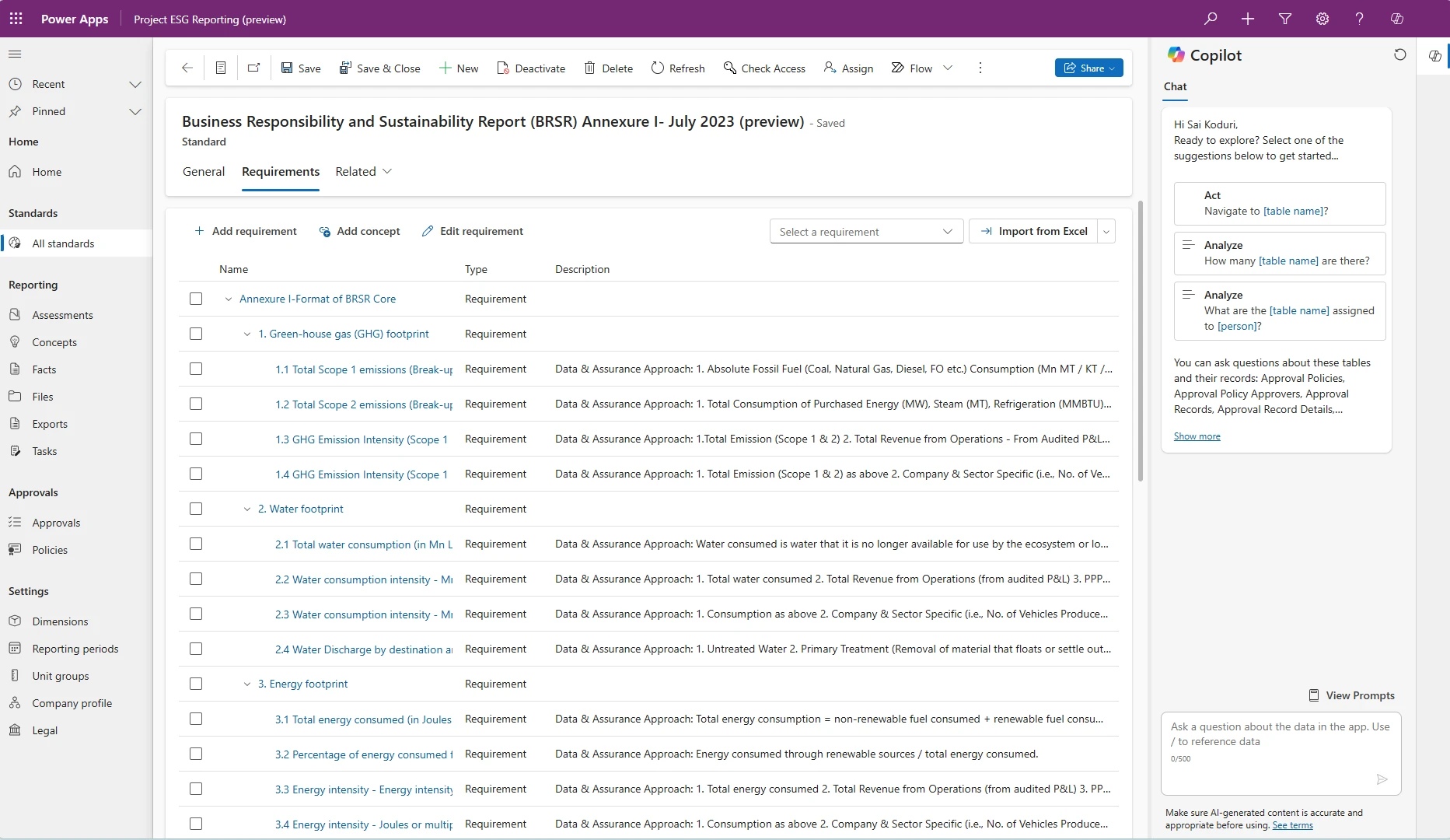 Screenshot of Business Responsibility and Sustainability Reporting template.