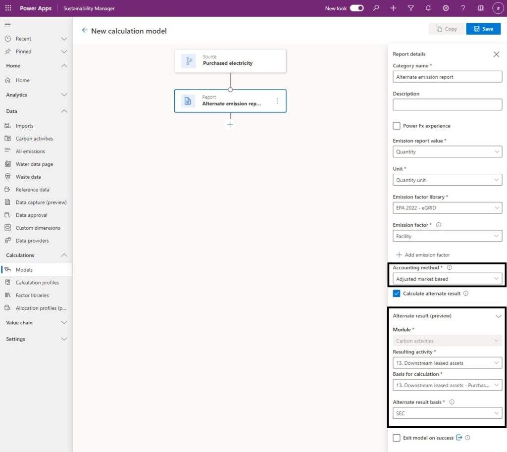 Screenshot of calculation model in Microsoft Sustainability Manager with specific emission scopes and classifications. 