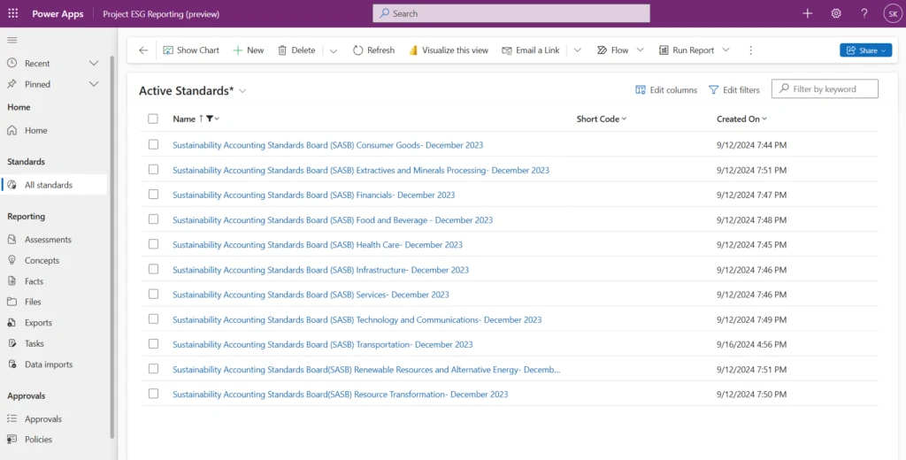 Project ESG Reporting screenshot showing how organizations can use the application (preview) to streamline reporting for multiple standards.