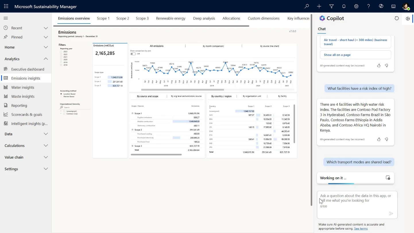 Screenshot showing data querying using Microsoft Copilot in Microsoft Sustainability Manager: A user asks Copilot to summarize their facilities&rsquo; water risk index against standards and to list details about transport modes.