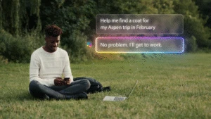 A person sitting on the ground with a device, using Microsoft Copilot