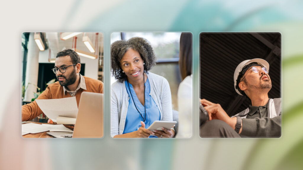 A decorative image of financial services, healthcare, and manufacturing professionals