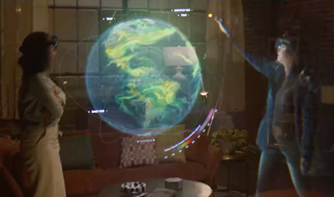 ホログラム投映の地球儀で議論する女性