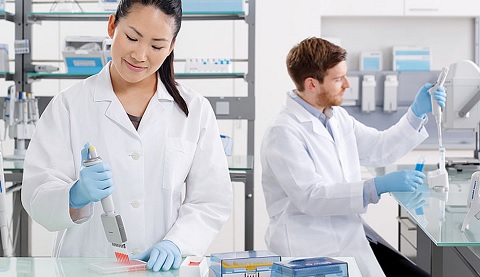 Zwei Mitarbeiter arbeiten in einem Labor zusammen