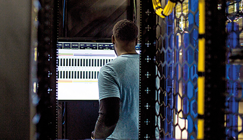 Man working in a server room