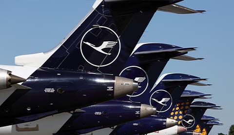 The rear part of several Lufthansa airplanes