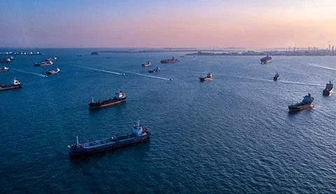 Einige Containerschiffe im Meer.