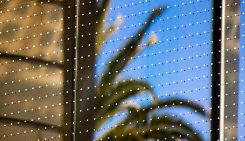 Eine moderne Glasfront in der sich Palmen spiegeln