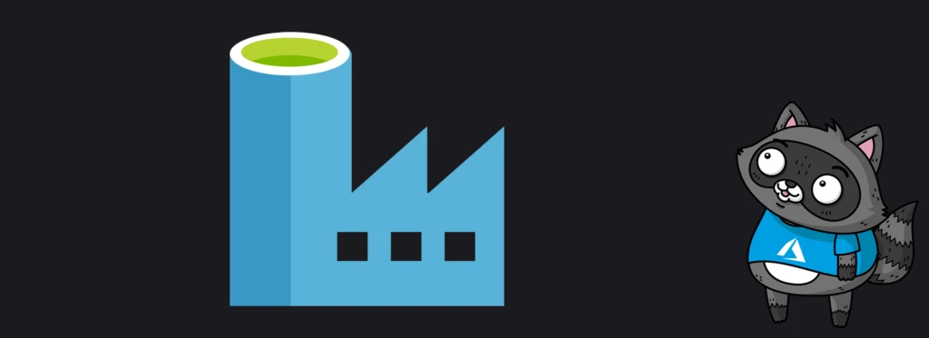 An illustration depicting Azure Data Factory, next to a picture of Bit the Raccoon.