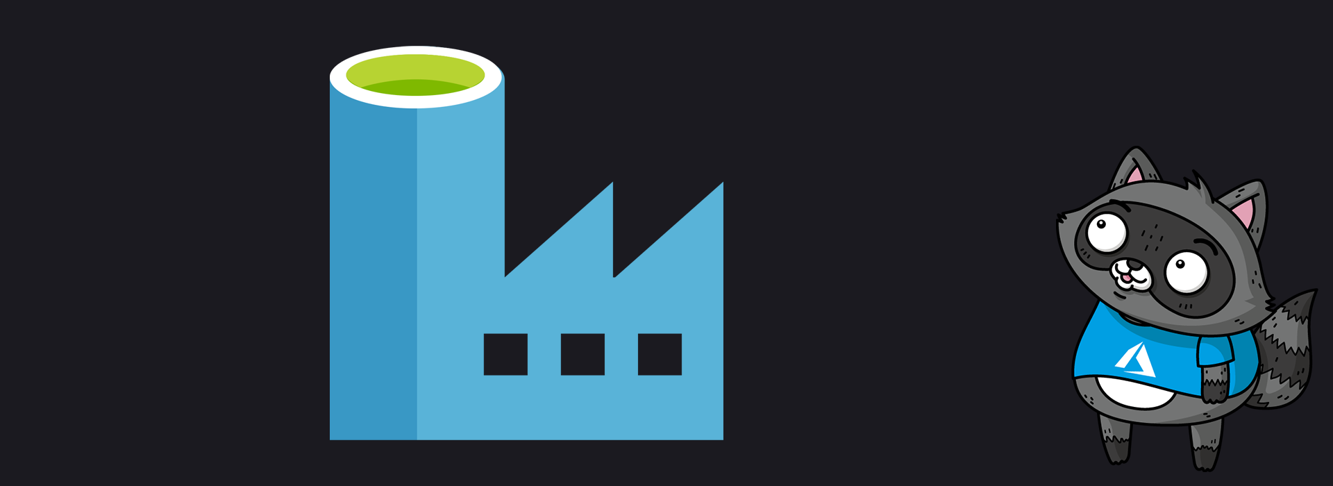 An illustration depicting Azure Data Factory, next to a picture of Bit the Raccoon.