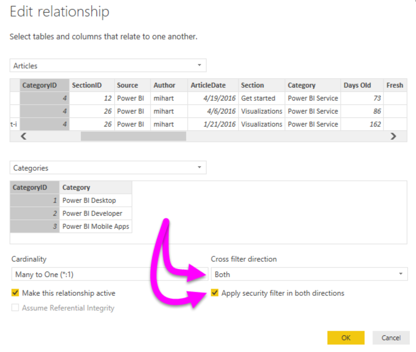A screenshot showing the cross filter direction option in the relationship editor in Power BI.