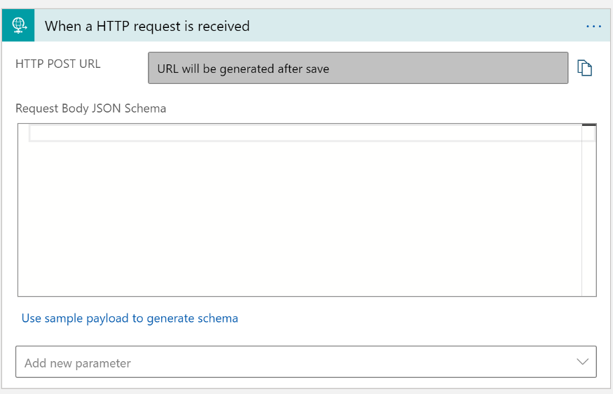 The “Use sample payload to generate schema” in the 'When a HTTP request is received' dialogue.