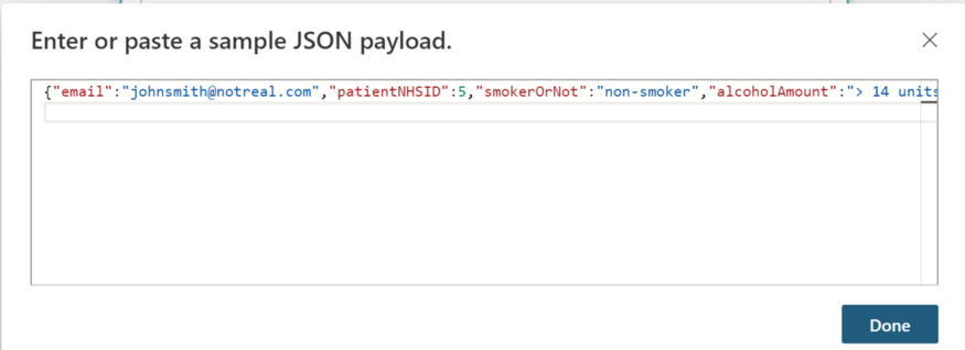 The output being pasted into the JSON payload section.