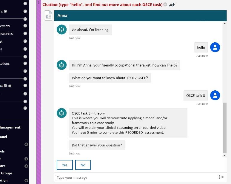 Screenshot of a repetitive prompter style chatbot at UCLan