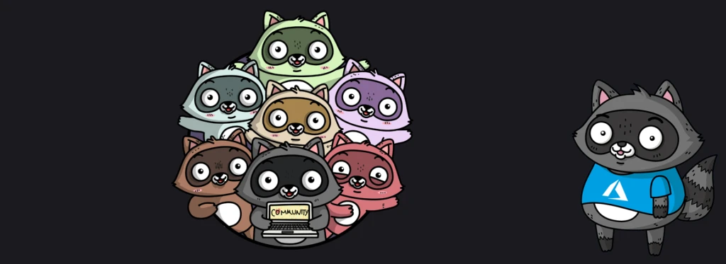 An illustration of Bit the Raccoon holding a laptop, with text reading 'Community' on the screen. Bit is surrounded by six other raccoons of different colours.