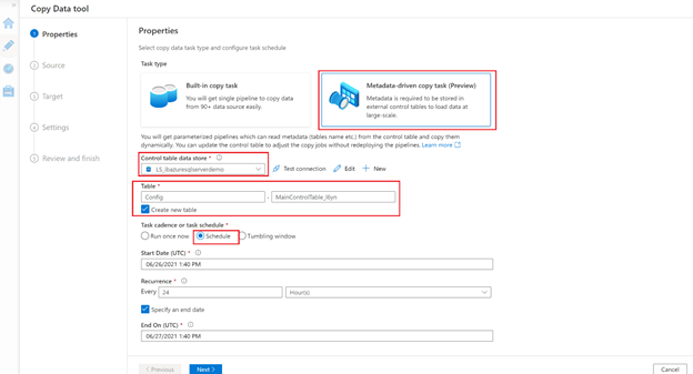 A screenshot of the Copy Data properties page