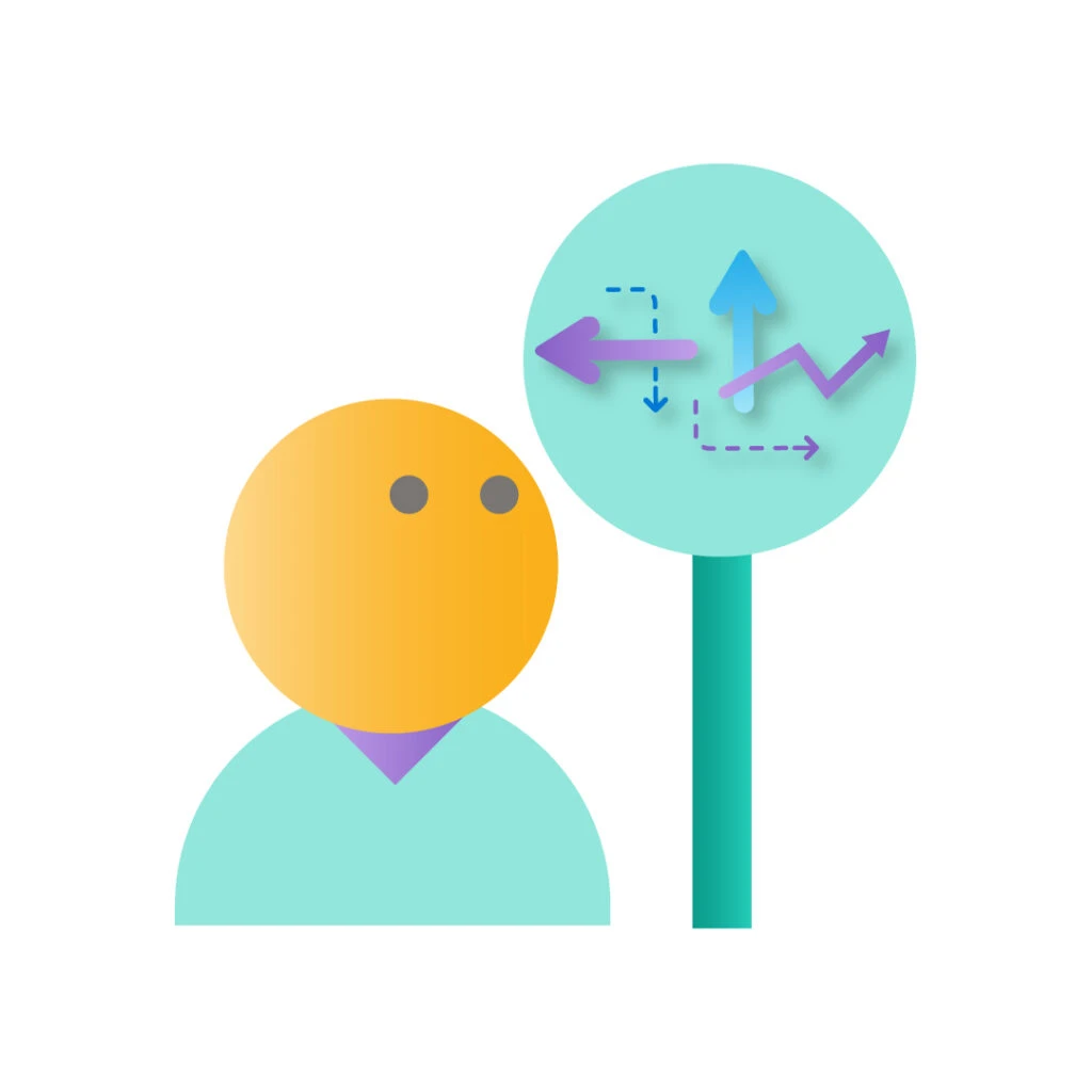 A graphic of a person standing in front of a signpost with arrows on it.