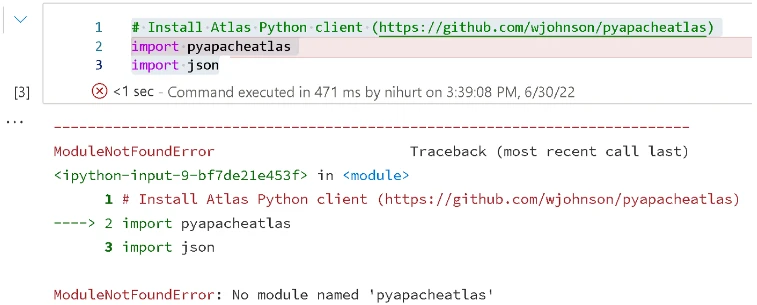 A screenshot showing a ModuleNotFoundError