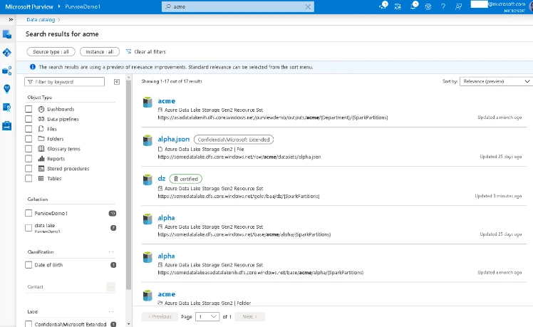 A screenshot showing search results for the term ACME in Purview.