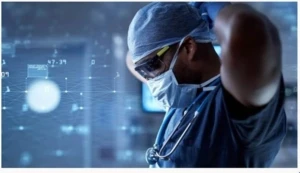 Health care worker adjusting the straps on a PPE mask