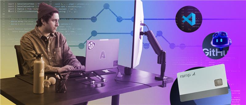 A black and white photo of a man working on a computer. The background is colourful and features a credit card and git hub logo