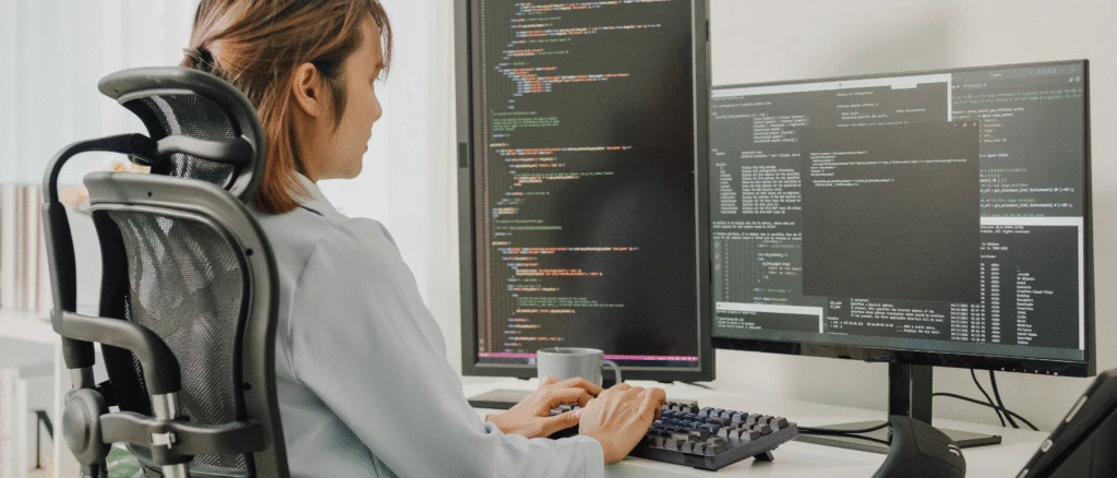 A woman writing code on two computer screens.