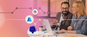 Colleagues looking at a laptop. Icons of Microsoft Copilot, Github and Azure are featured