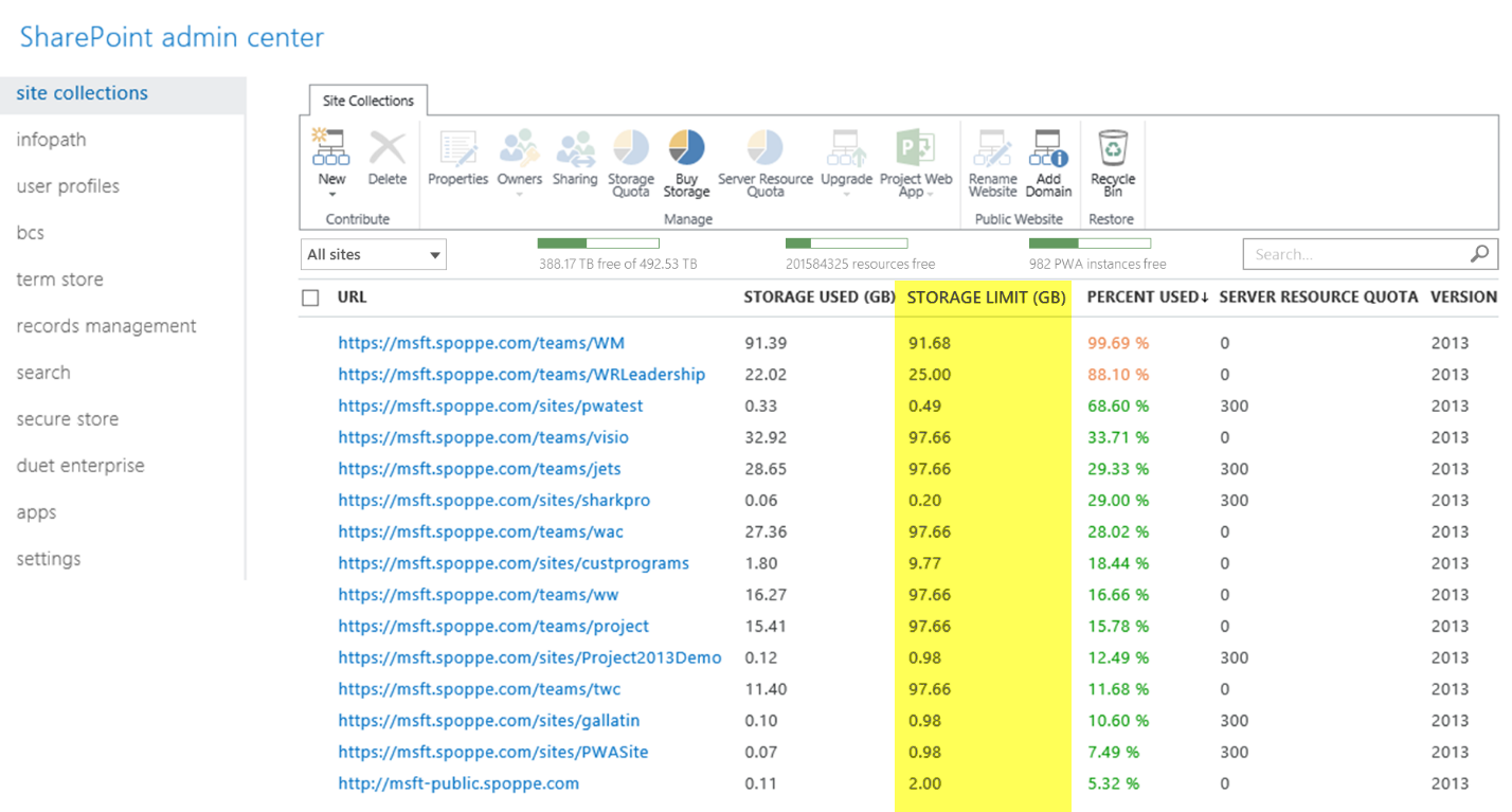 manage storage for your site collections manually highlighted