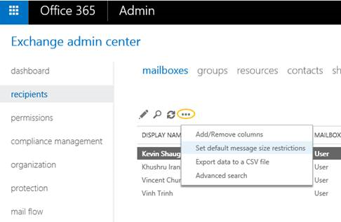 Demonstration of where to set default message size restrictions in exchange admin center.