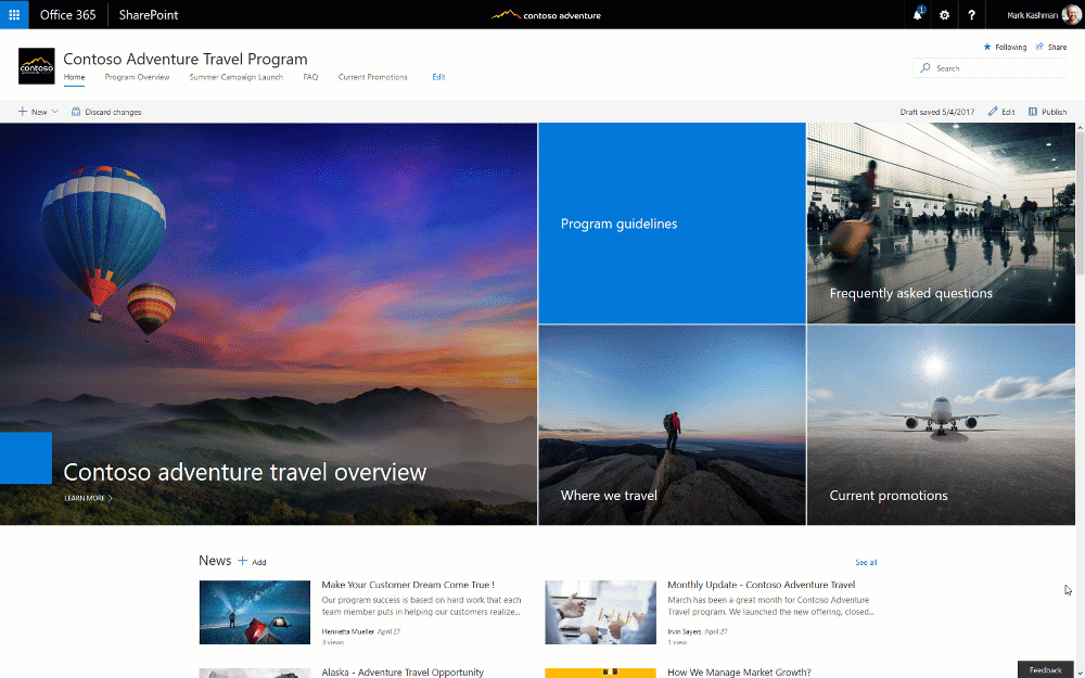 Image scrolls through a SharePoint communication site in desktop view.