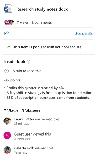 A screenshot shows in Inside Look into a Word document, showing Key Points as well as time to read the document.