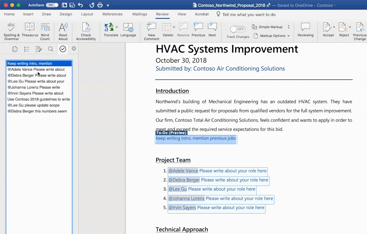 Animated screenshot of a Word document open using the AI-powered To-Do feature.