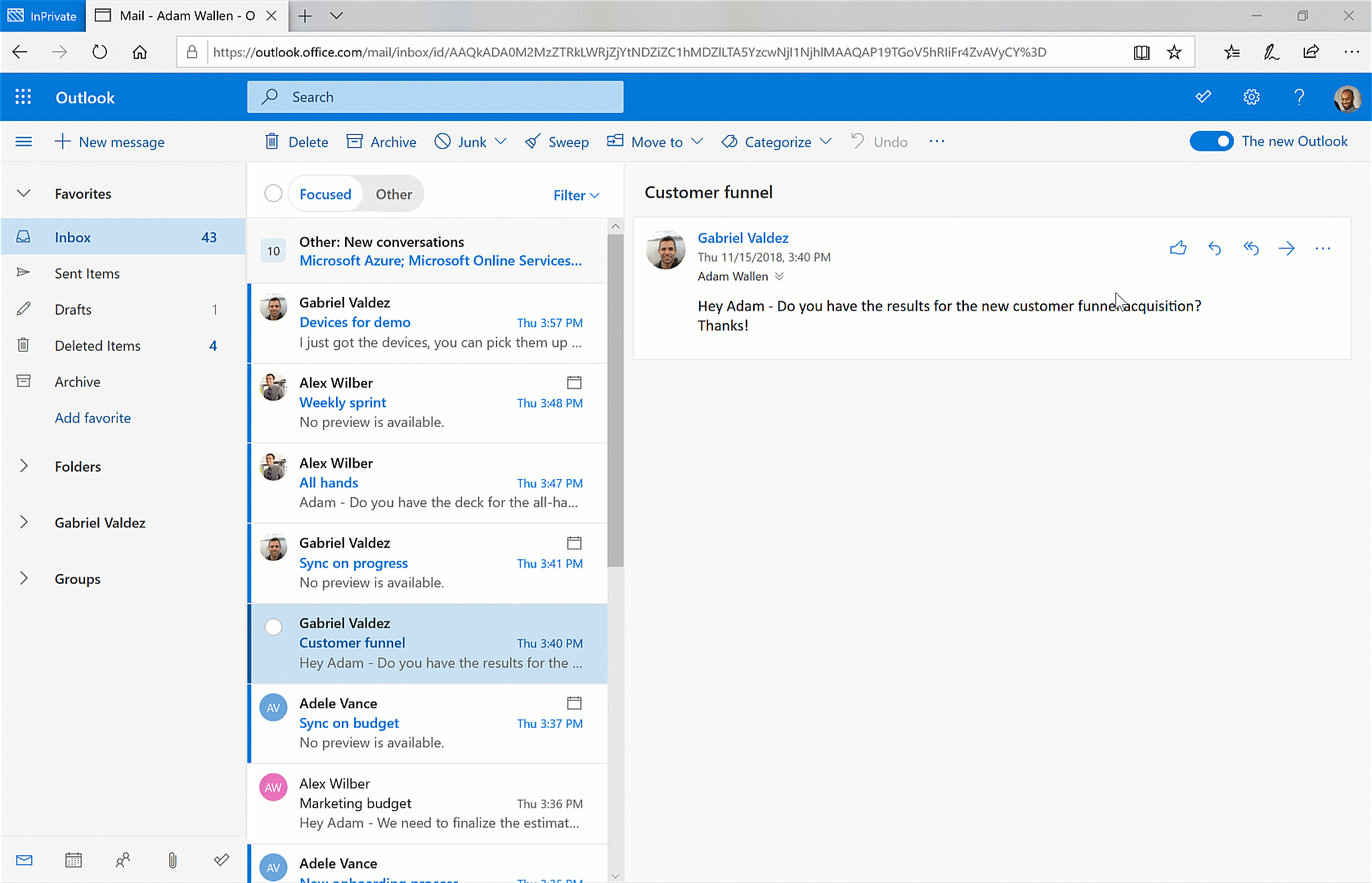 Animated screenshot of tasks being added in Outlook on the web.