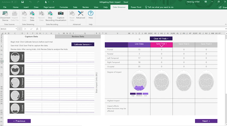 Animated screenshot of a brain impact workbook using Data Streamer in Excel