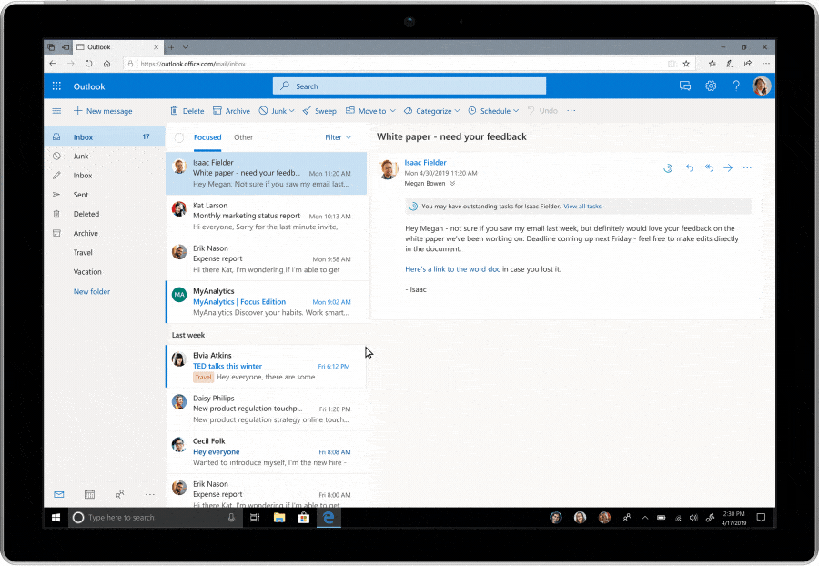 Inline suggestion in Outlook highlights an outstanding task for the person user received an email from. User adds the task to an upcoming focus time slot.