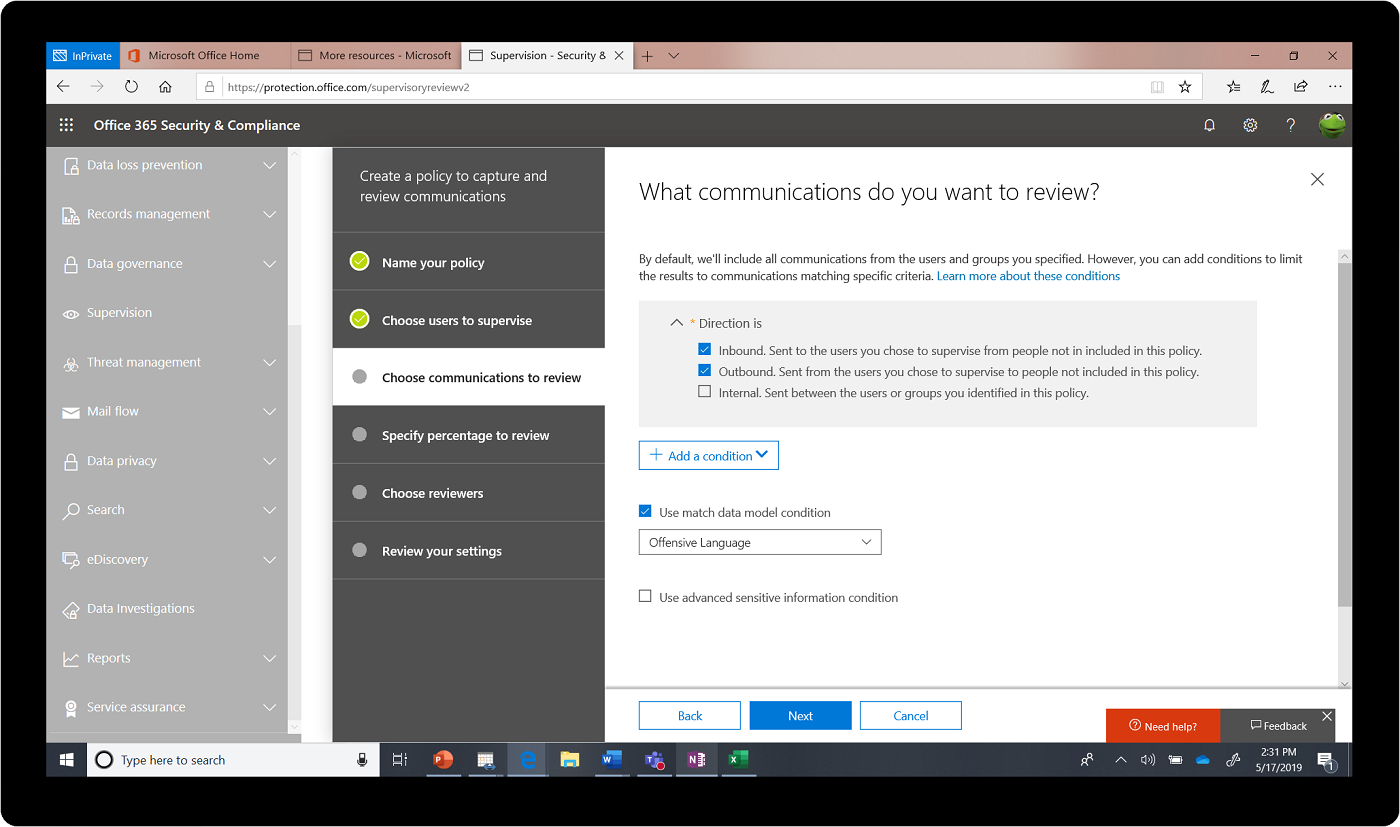 Screenshot of the Office 365 Security & Compliance center. Screenshot of the Office 365 Security & Compliance center.