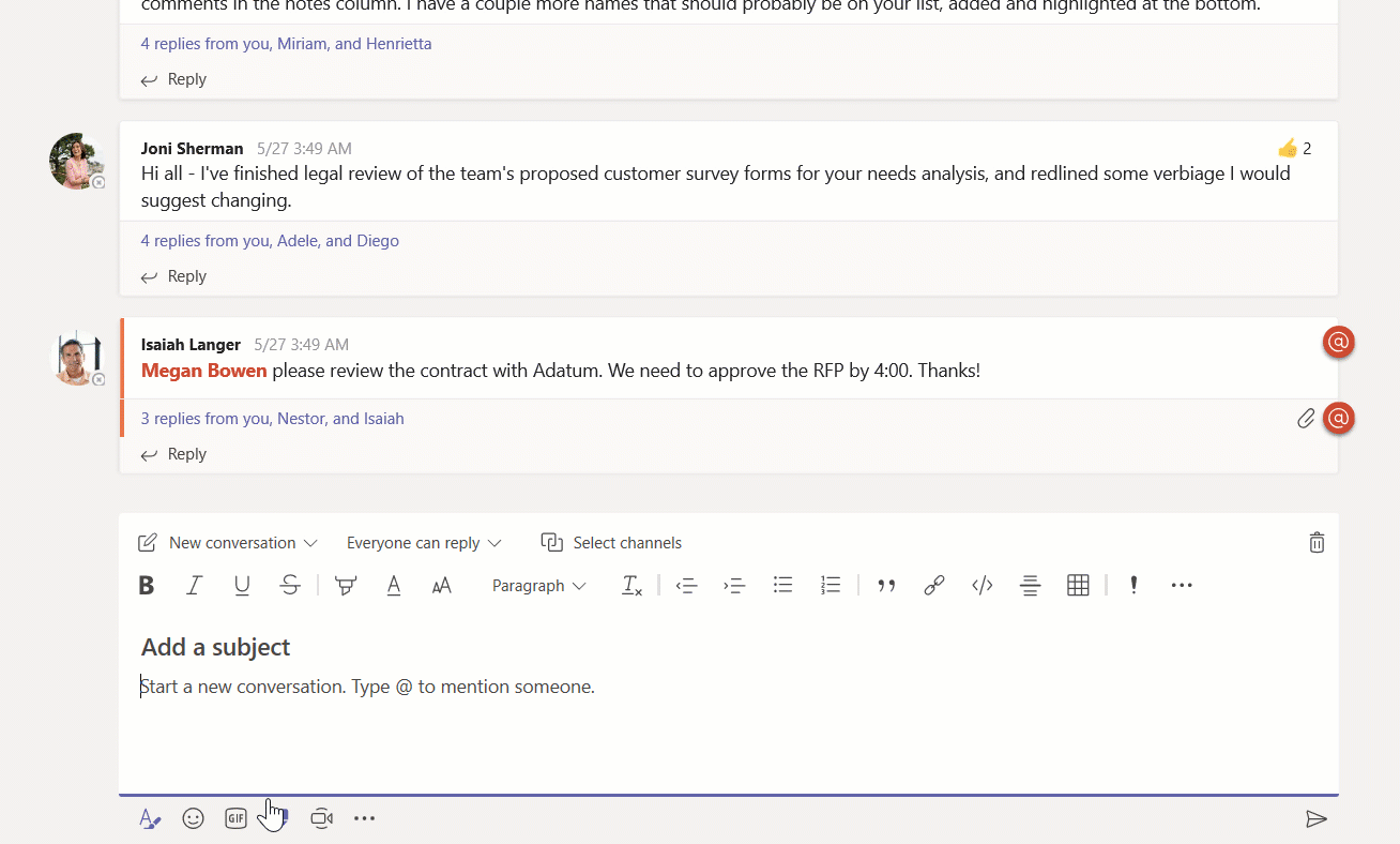 Animated screenshot of Select channels being used in Microsoft Teams.