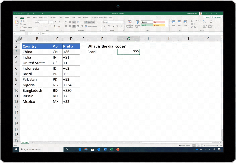 Animated screenshot of XLOOKUP in Excel being used to find the dial code for Brazil.