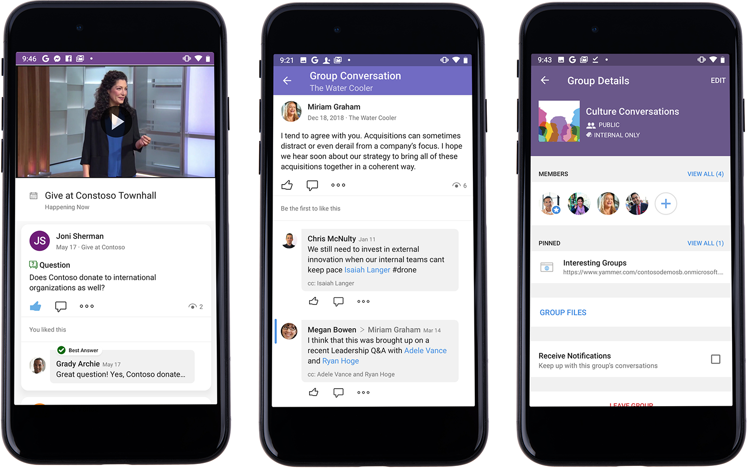 Image of three phones beside one another showing features in Yammer. One shows a comment under a townhall video stream, one a group conversation in Yammer's Water Cooler, and one the members of a group in Group Details.