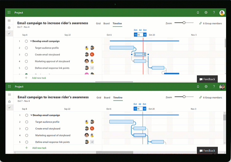 Animated image of a Project timeline being worked on in Microsoft Project.