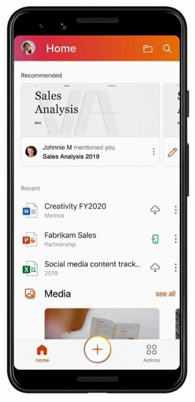 Home screen in the new Office app.