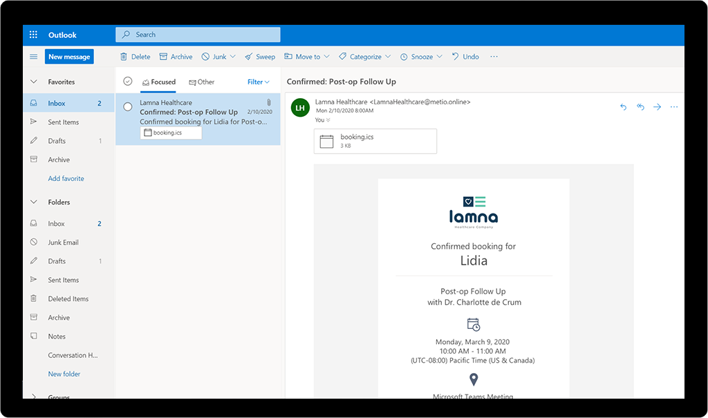 Patients receive a customized email invite with Teams meeting link..