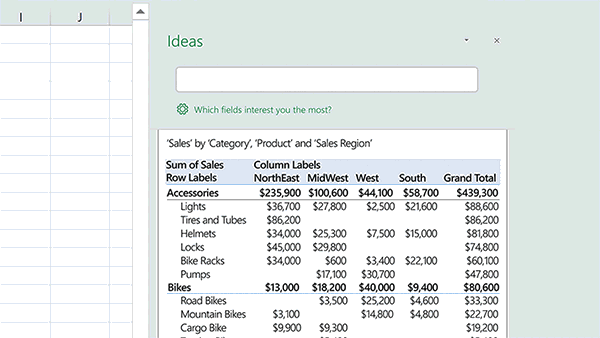 The Ideas pane in Microsoft Excel.